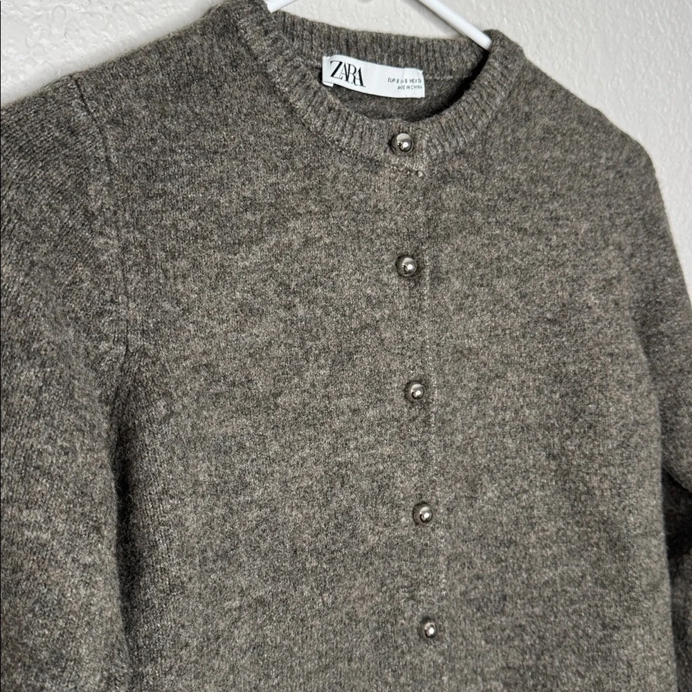 Zara Cardigan Metallic Buttons Grey Brown Size Small - Picture 3 of 8